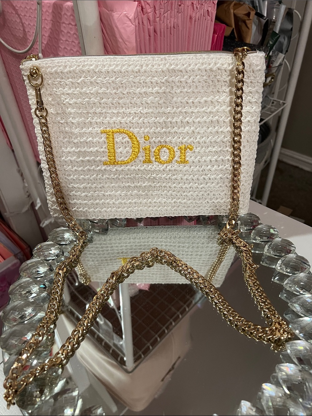 Dior Woven Pouch w-Logo and Gold Chain Attached